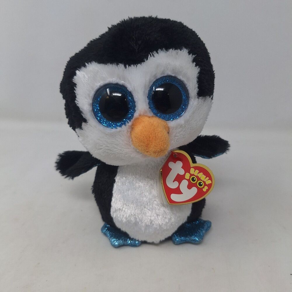 TY Beanie Boos Waddles The Penguin Black White Stuffed Animal Plush Glitter Eyes